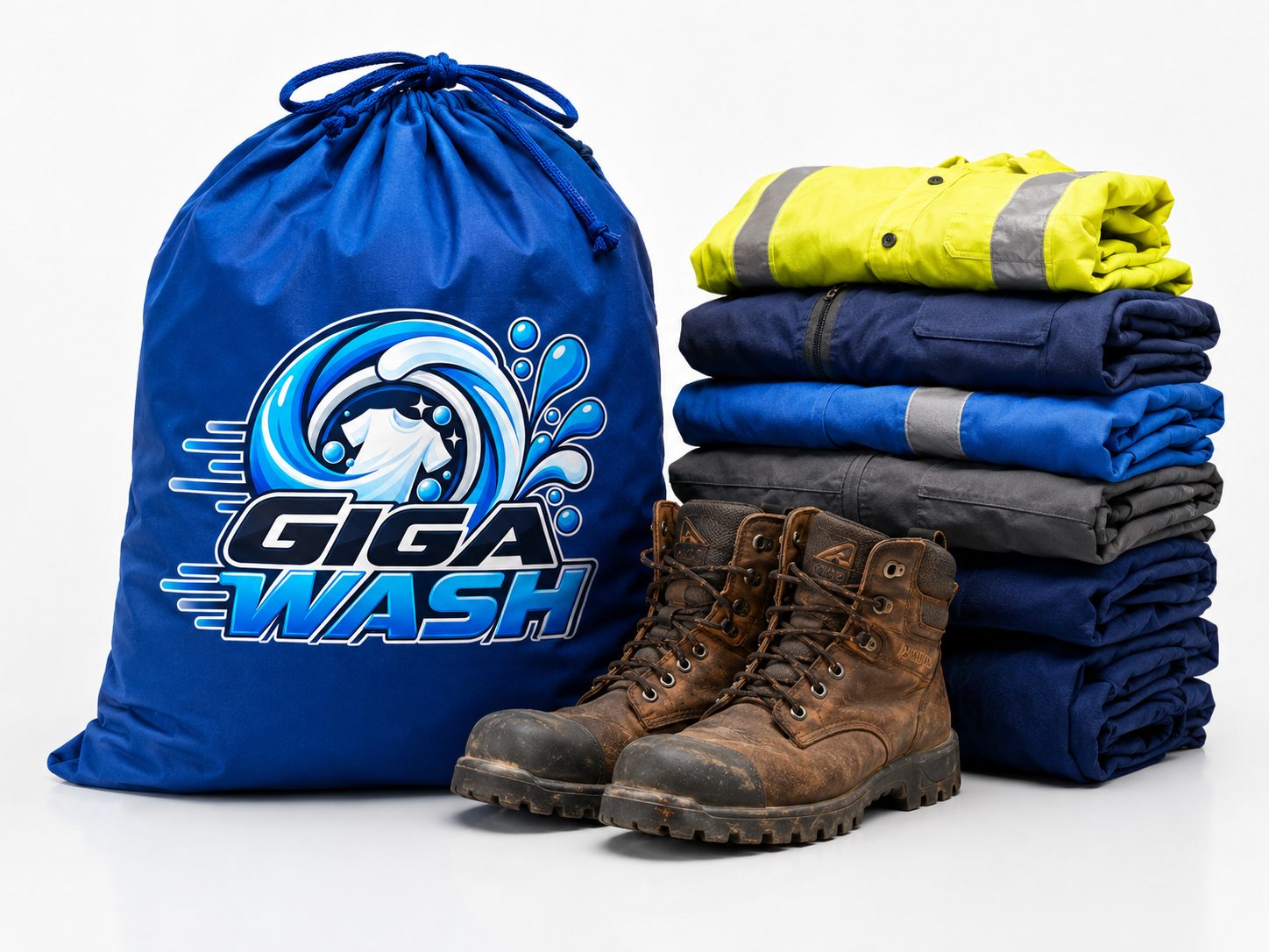 Giga Wash laundry bag with folded work clothes and boots