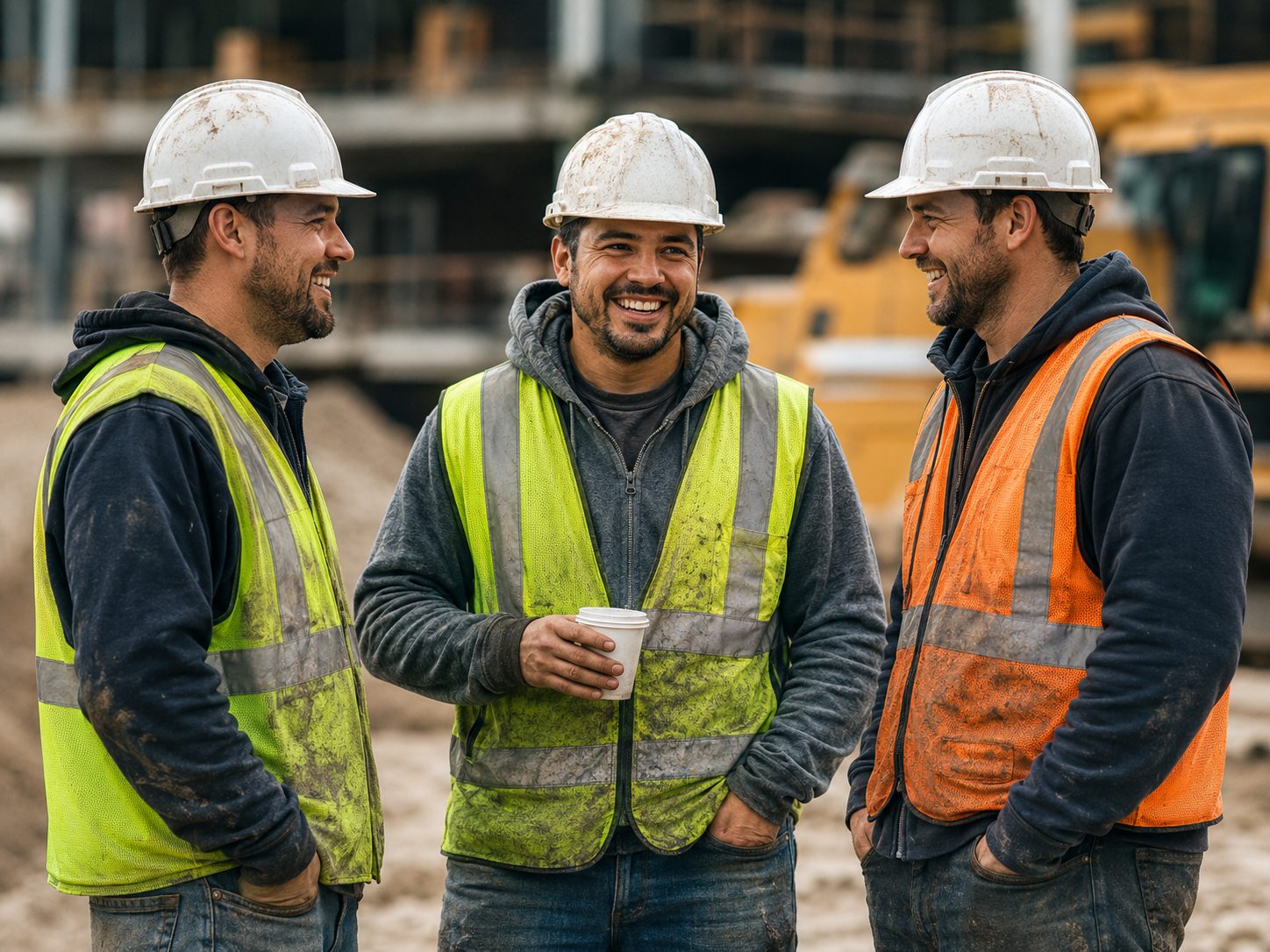 Three construction workers in hi-vis vests and hard hats talking and smiling on a job site