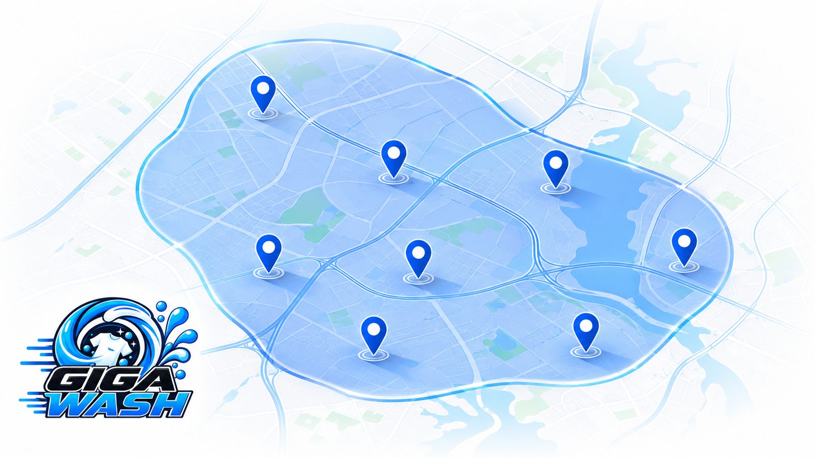 Map showing the Giga Wash service coverage area with pickup location pins