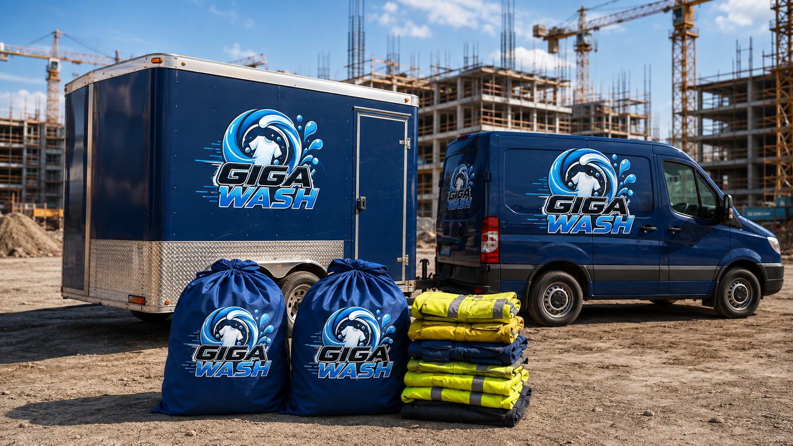 Giga Wash pickup trailer and van parked at a construction site with laundry bags and folded work gear
