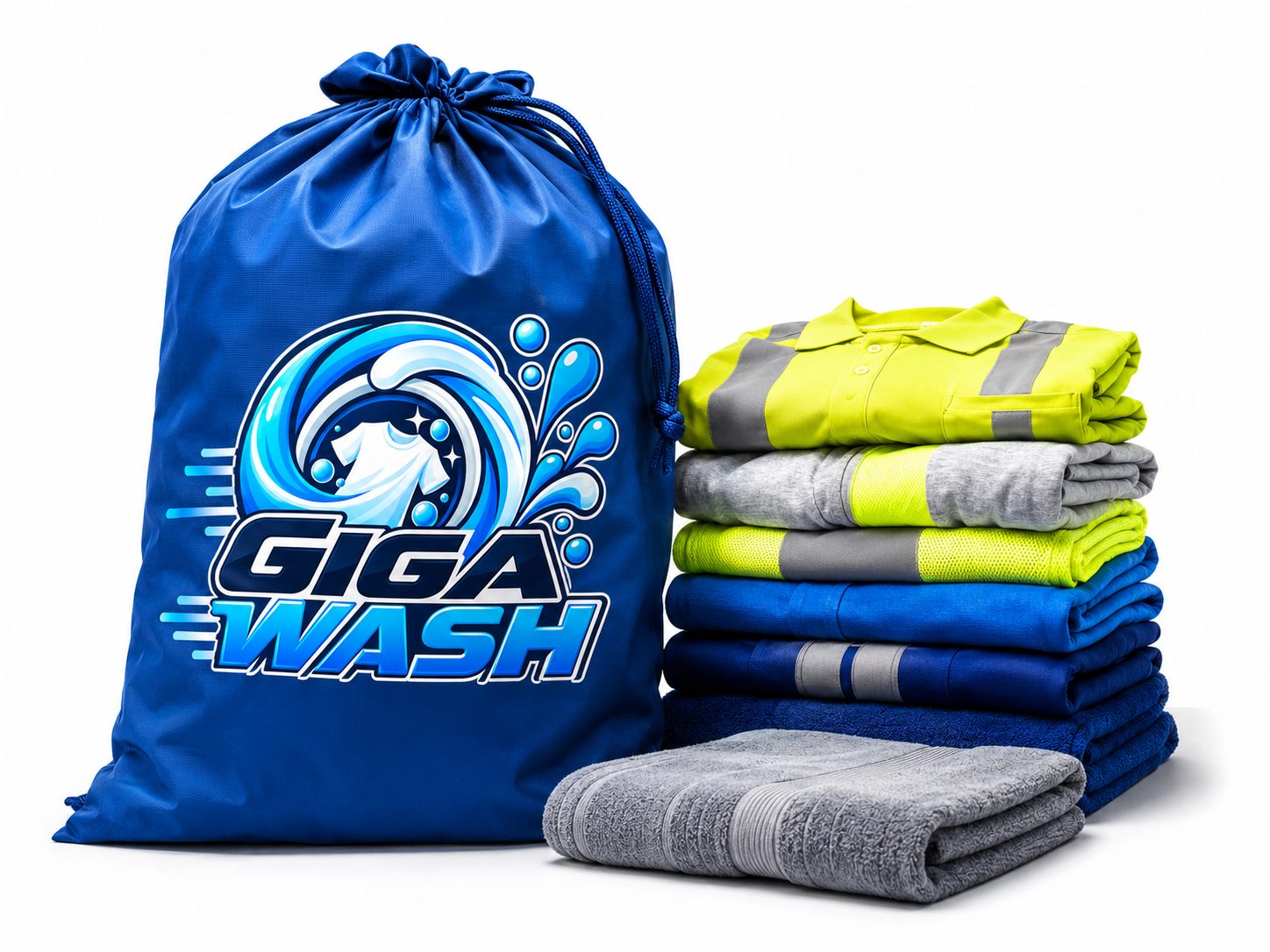Folded work shirts and towels beside a Giga Wash laundry bag